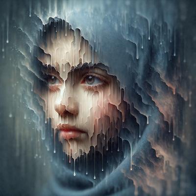 The primary subject of the image is a young woman with a hooded head covering. She is wearing a black hood and has a pensive expression. The setting is a dark room with a backdrop of a cloudy sky. The visual style is a combination of a photo and digital art, creating a unique and intriguing atmosphere. The colors are predominantly black and gray, with the cloudy sky adding a sense of mystery and depth to the scene.